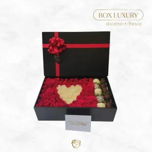 Caja Rectangular Rosas | 8 Docenas | 10 Fresas Chocolatada | Grande